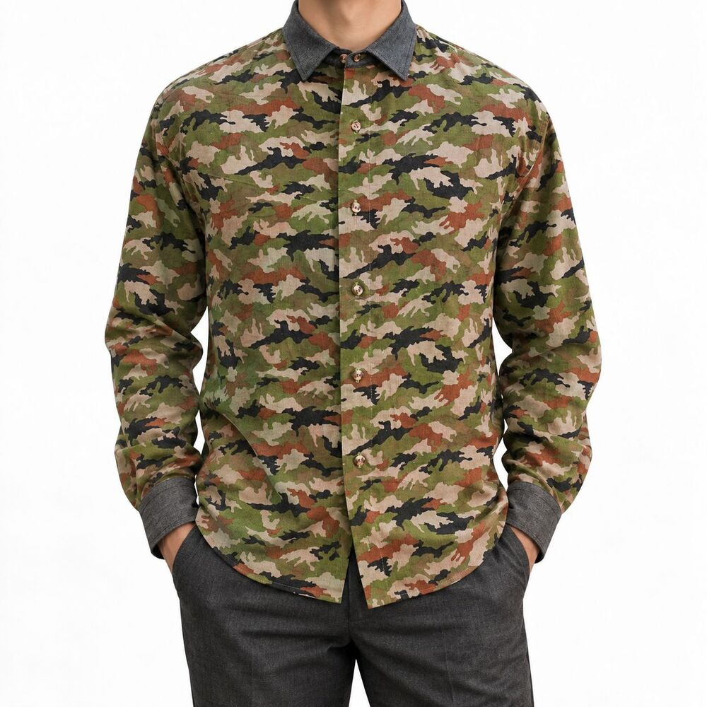 Mens Large Camo Corduroy Denim Long Sleeve Button Up Shirt Green Gray Western